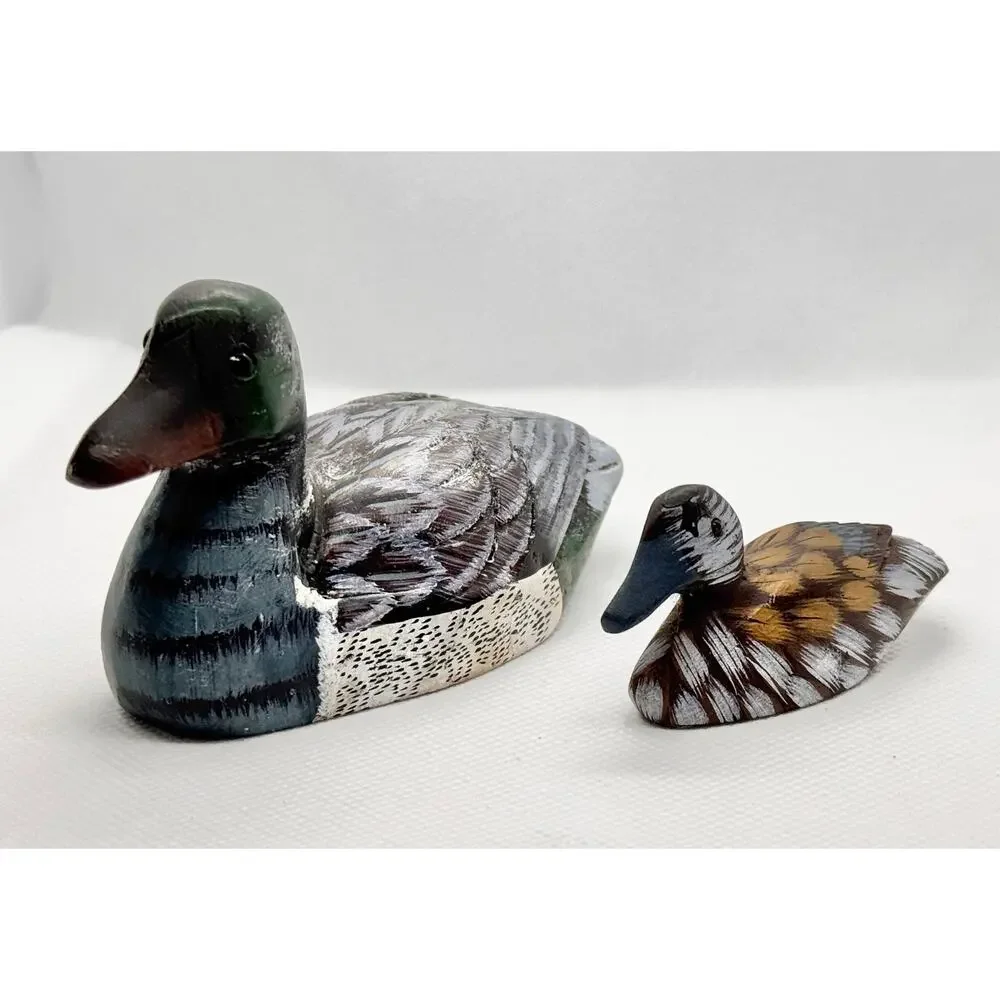 Vintage Carved Duck Pair Figurines – Stone Paperweight Duck and Wooden Mini Duck